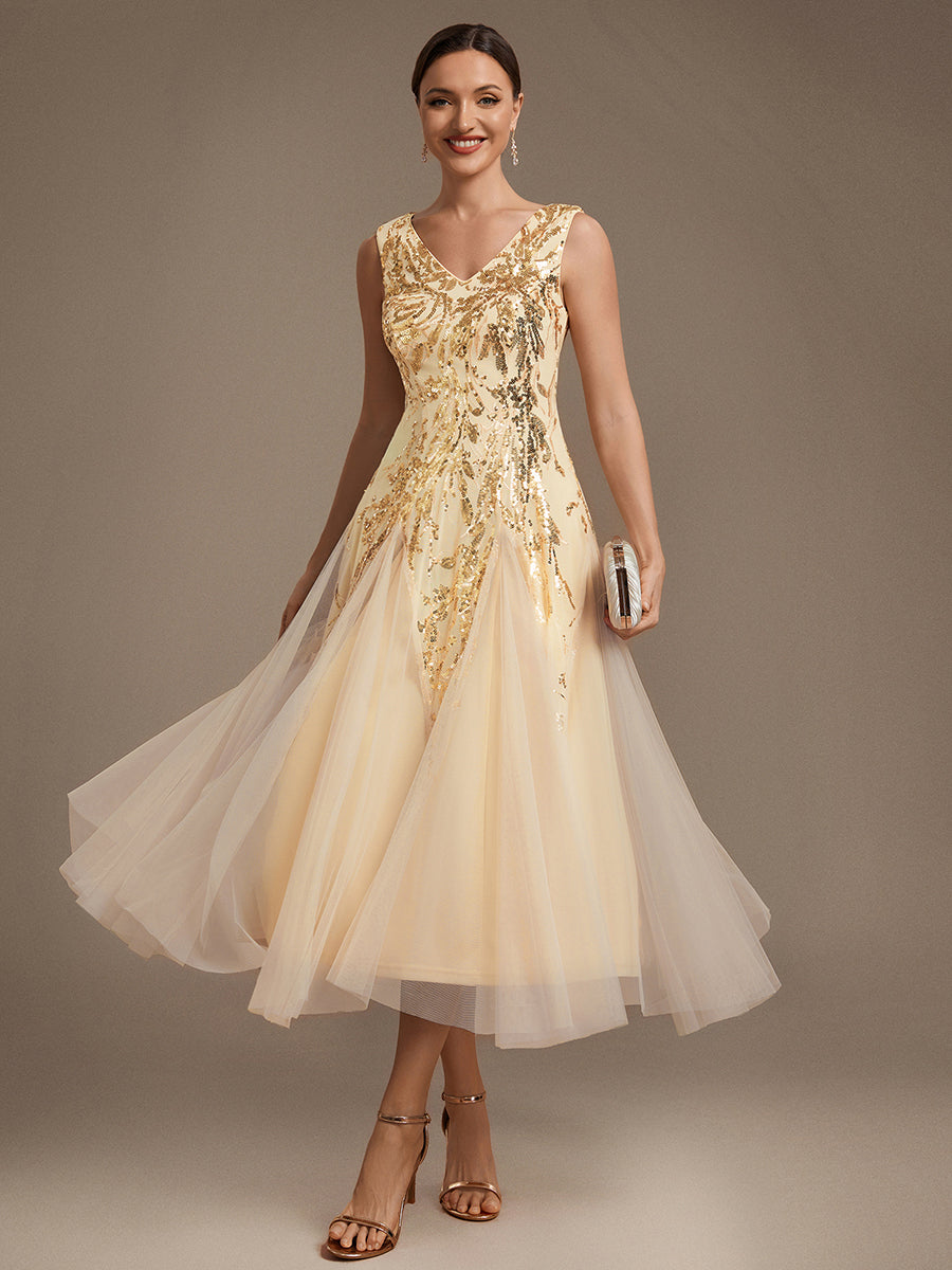 Sequins avec Col V, Coupe trapèze, Sans manches et robe mariage invitée #Couleur_Dorée