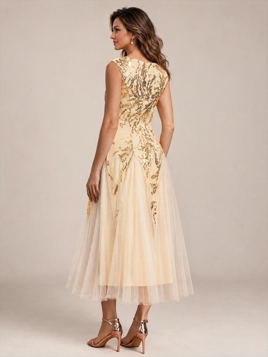 Sequins avec Col V, Coupe trapèze, Sans manches et robe mariage invitée #Couleur_Dorée
