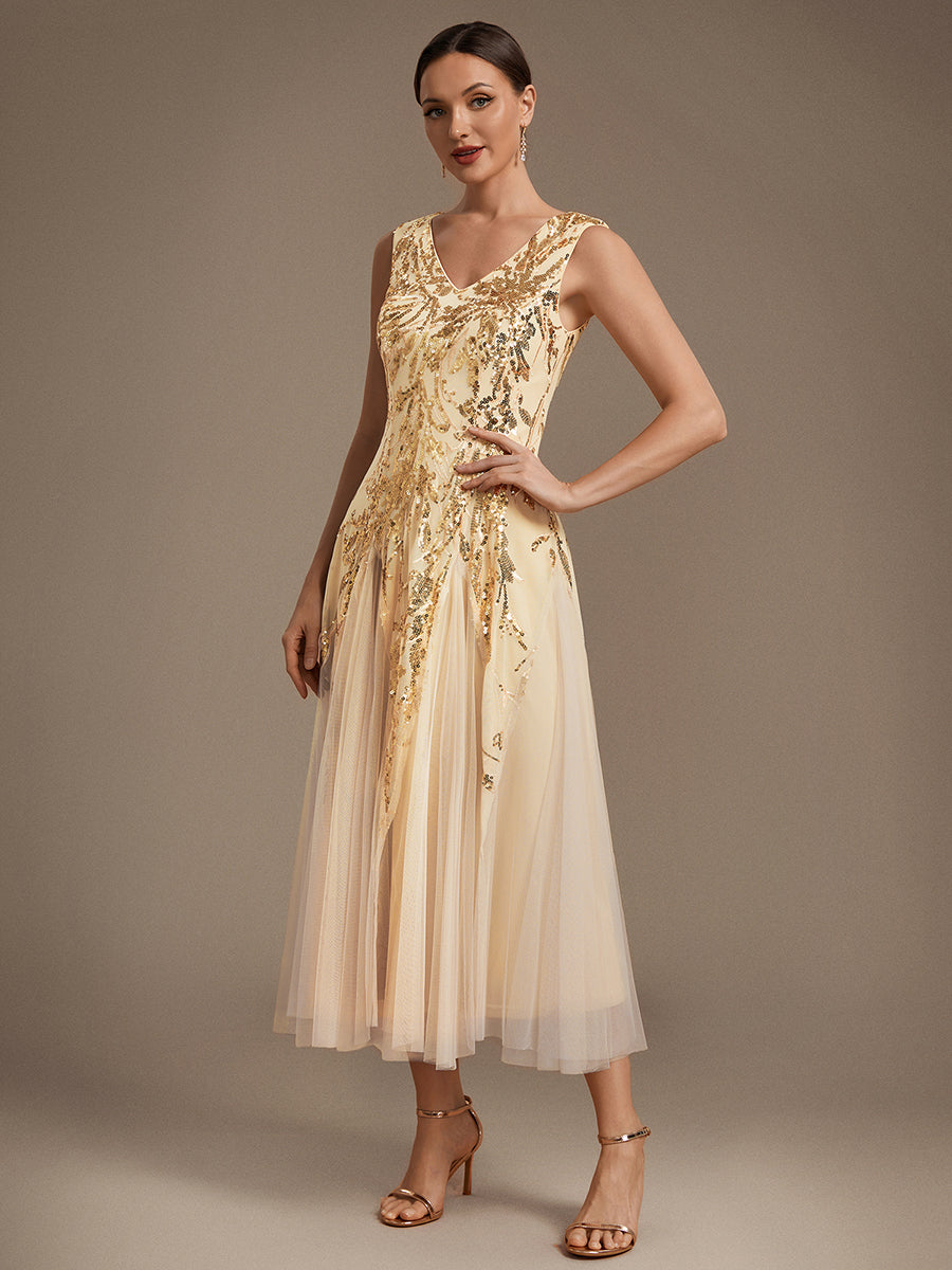 Sequins avec Col V, Coupe trapèze, Sans manches et robe mariage invitée #Couleur_Dorée