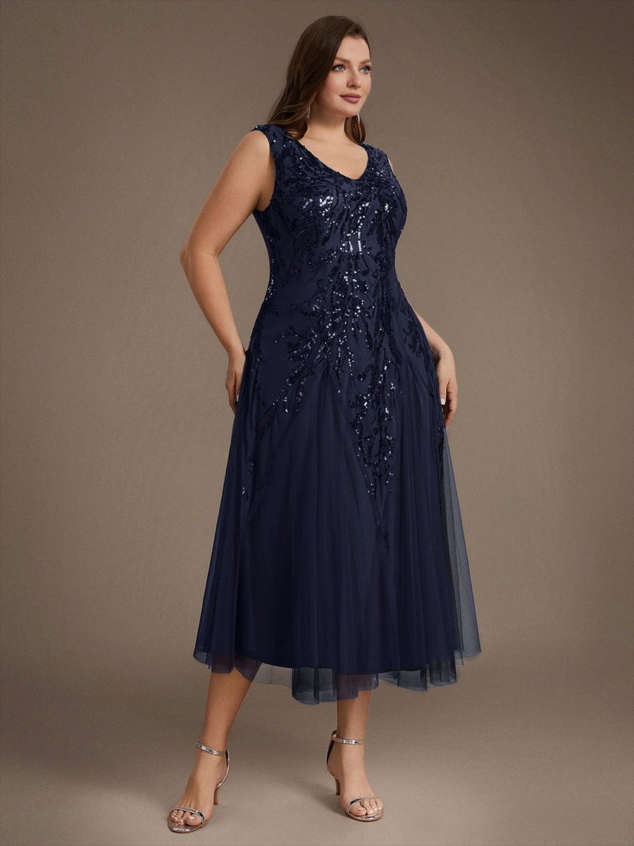 Sequins avec Col V, Coupe trapèze, Sans manches et robe mariage invitée #Couleur_Bleu Marine
