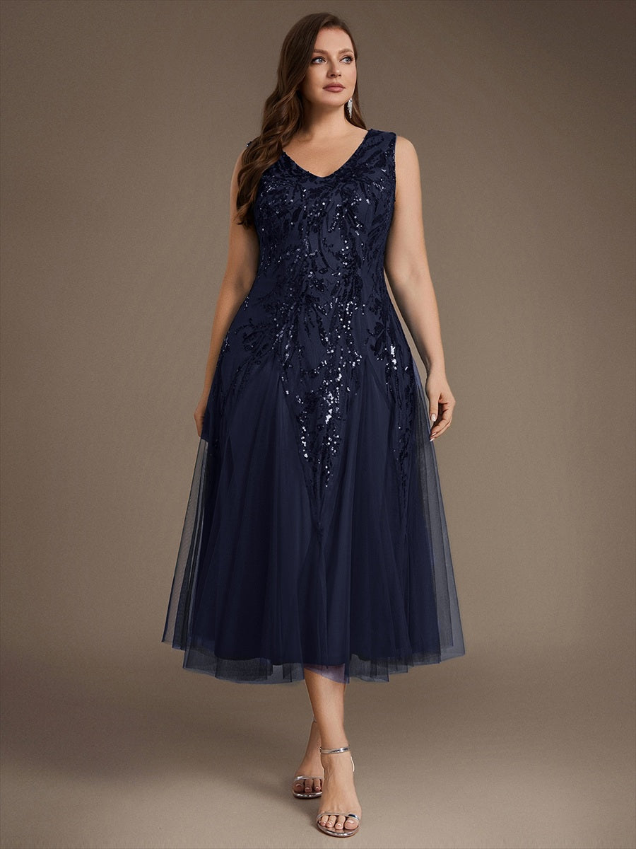 Sequins avec Col V, Coupe trapèze, Sans manches et robe mariage invitée #Couleur_Bleu Marine