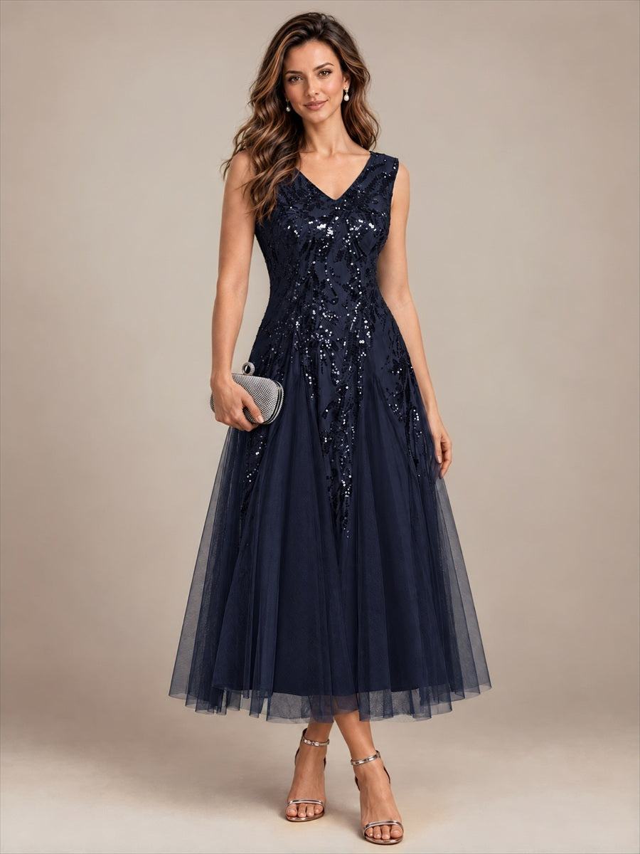 Sequins avec Col V, Coupe trapèze, Sans manches et robe mariage invitée #Couleur_Bleu Marine