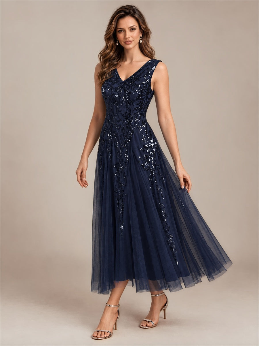 Sequins avec Col V, Coupe trapèze, Sans manches et robe mariage invitée #Couleur_Bleu Marine