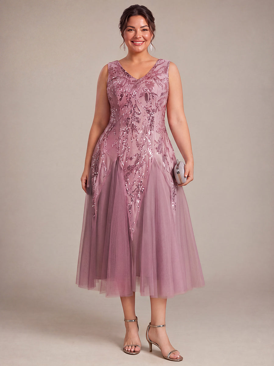Sequins avec Col V, Coupe trapèze, Sans manches et robe mariage invitée #Couleur_Orchidee