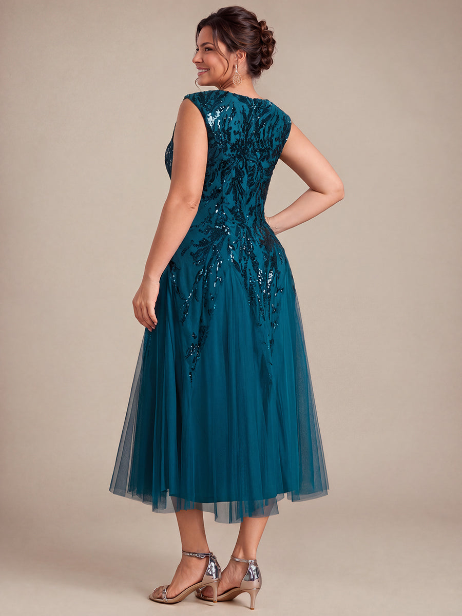 Sequins avec Col V, Coupe trapèze, Sans manches et robe mariage invitée #Couleur_Bleu Sarcelle