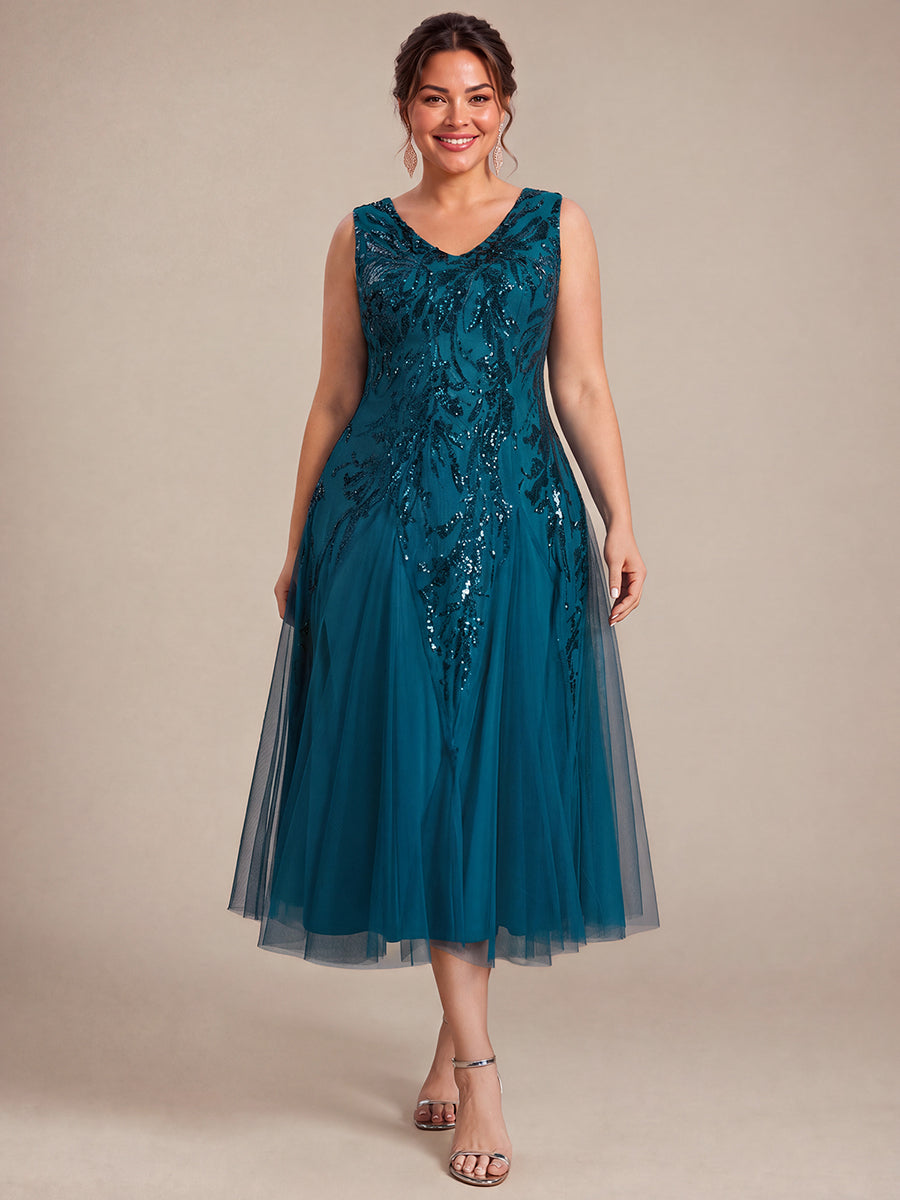 Sequins avec Col V, Coupe trapèze, Sans manches et robe mariage invitée #Couleur_Bleu Sarcelle