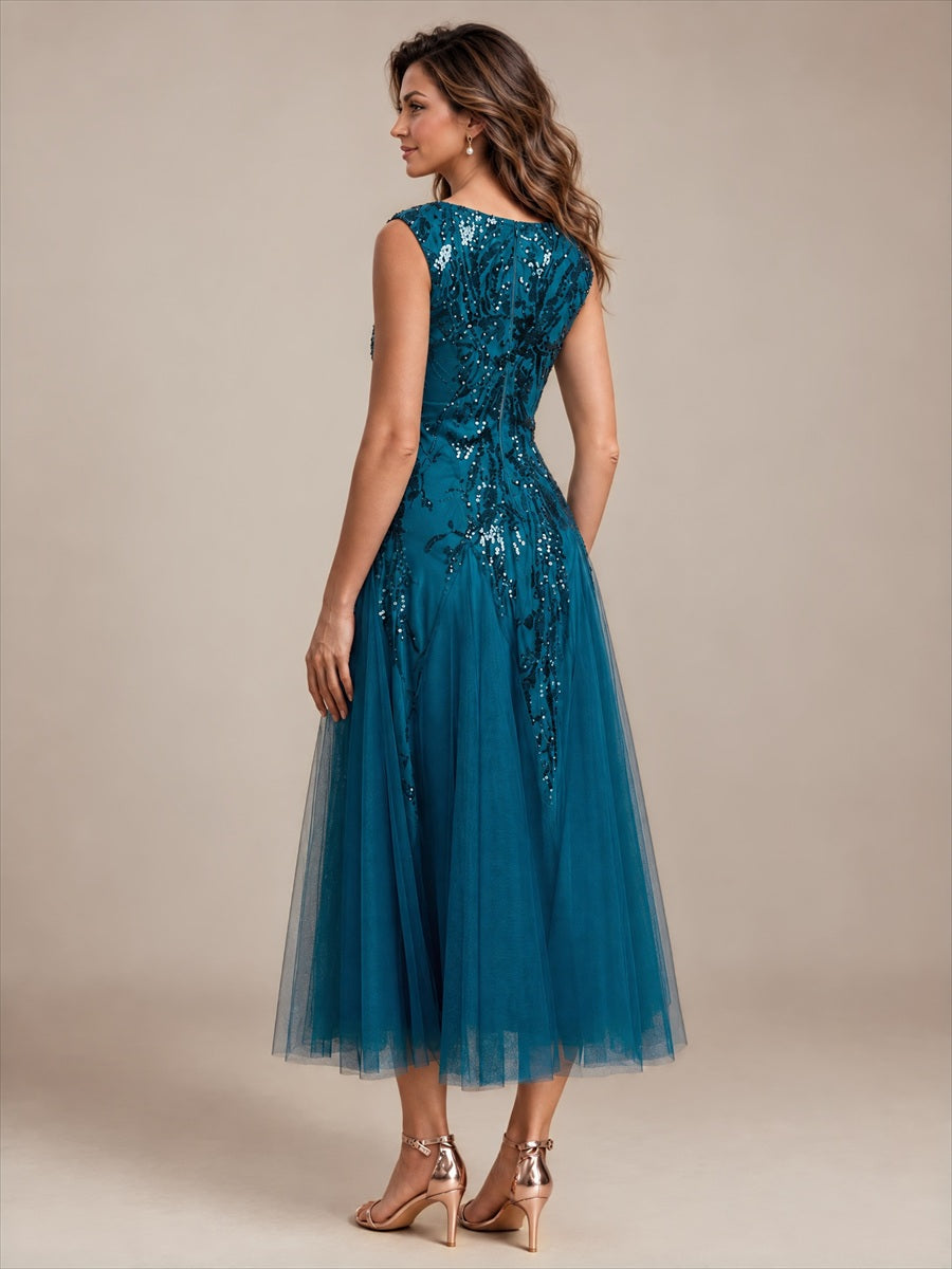 Sequins avec Col V, Coupe trapèze, Sans manches et robe mariage invitée #Couleur_Bleu Sarcelle