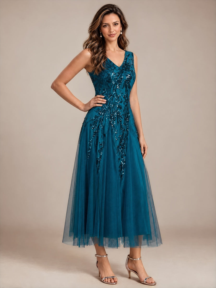Sequins avec Col V, Coupe trapèze, Sans manches et robe mariage invitée #Couleur_Bleu Sarcelle