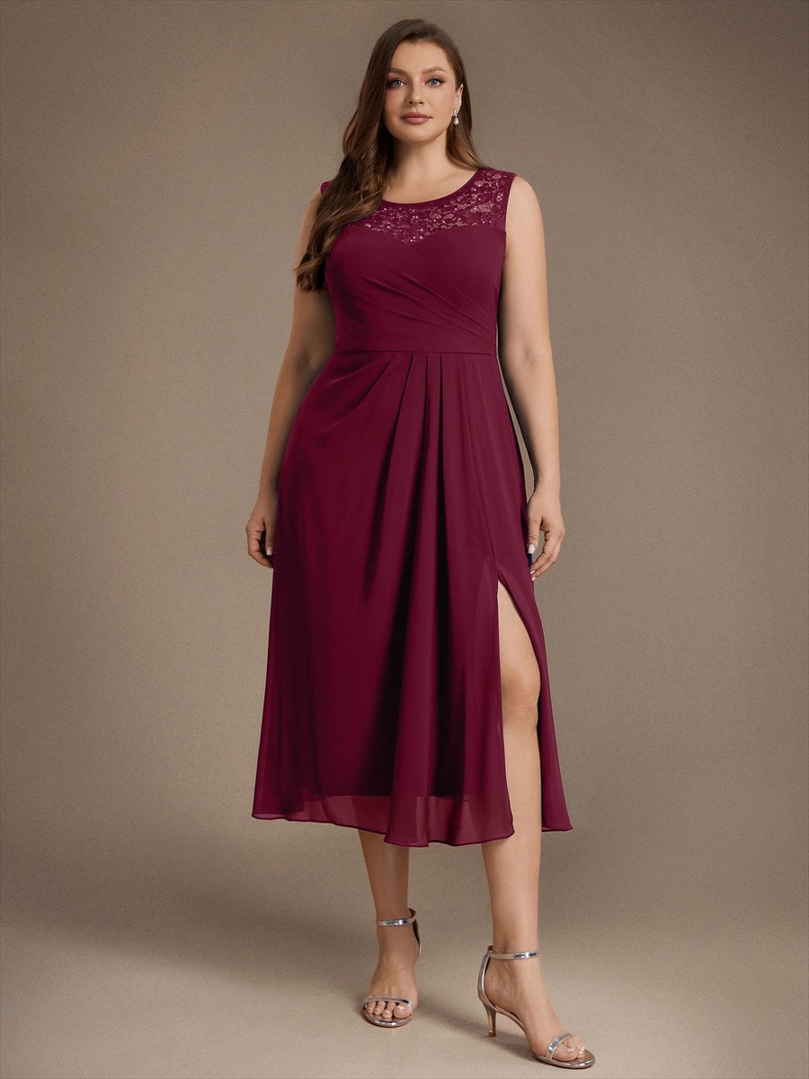 Mousseline avec Coupe trapèze, Sans manches et robe mariage invitée #Couleur_Bordeaux