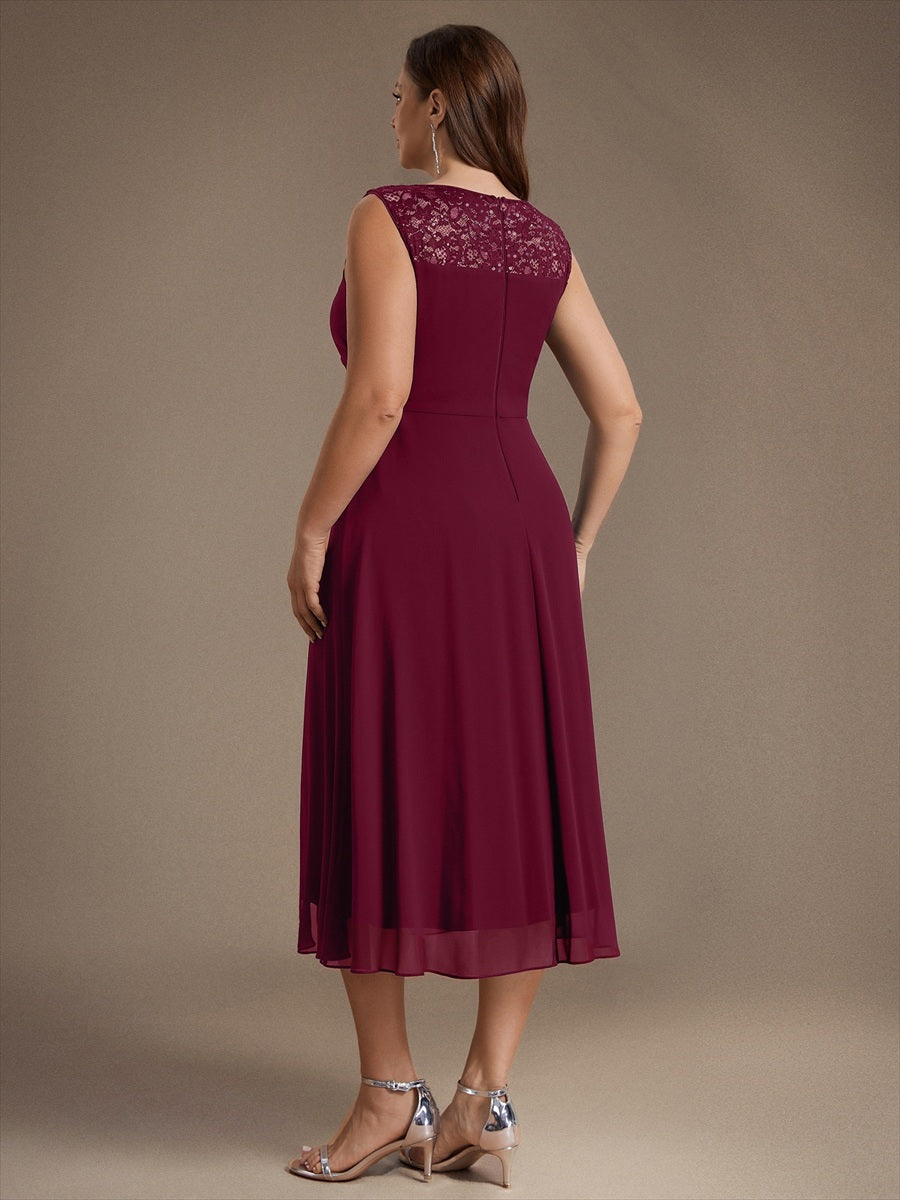 Mousseline avec Coupe trapèze, Sans manches et robe mariage invitée #Couleur_Bordeaux