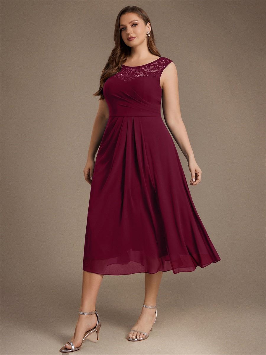 Mousseline avec Coupe trapèze, Sans manches et robe mariage invitée #Couleur_Bordeaux