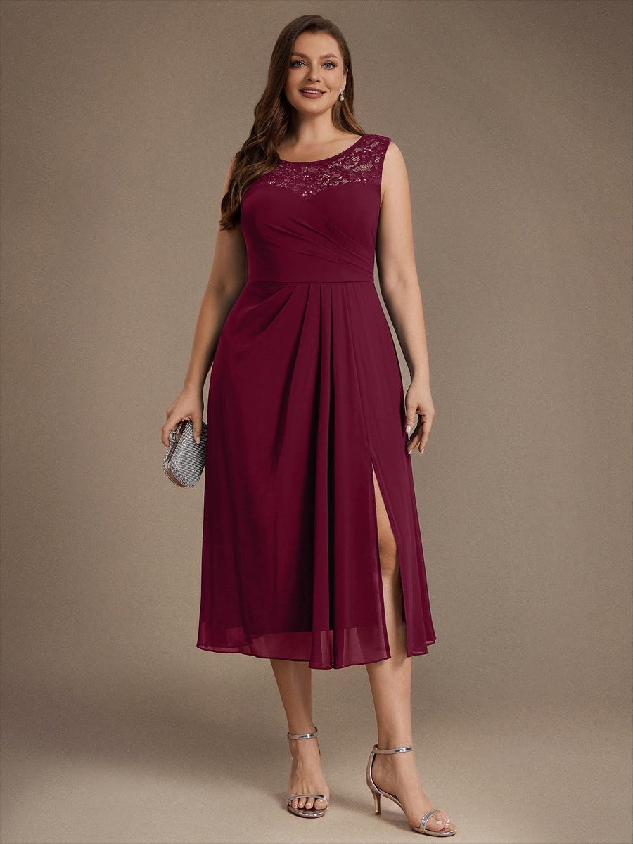 Mousseline avec Coupe trapèze, Sans manches et robe mariage invitée #Couleur_Bordeaux