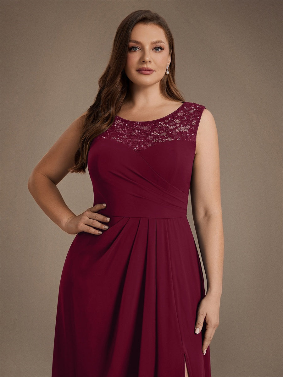 Mousseline avec Coupe trapèze, Sans manches et robe mariage invitée #Couleur_Bordeaux