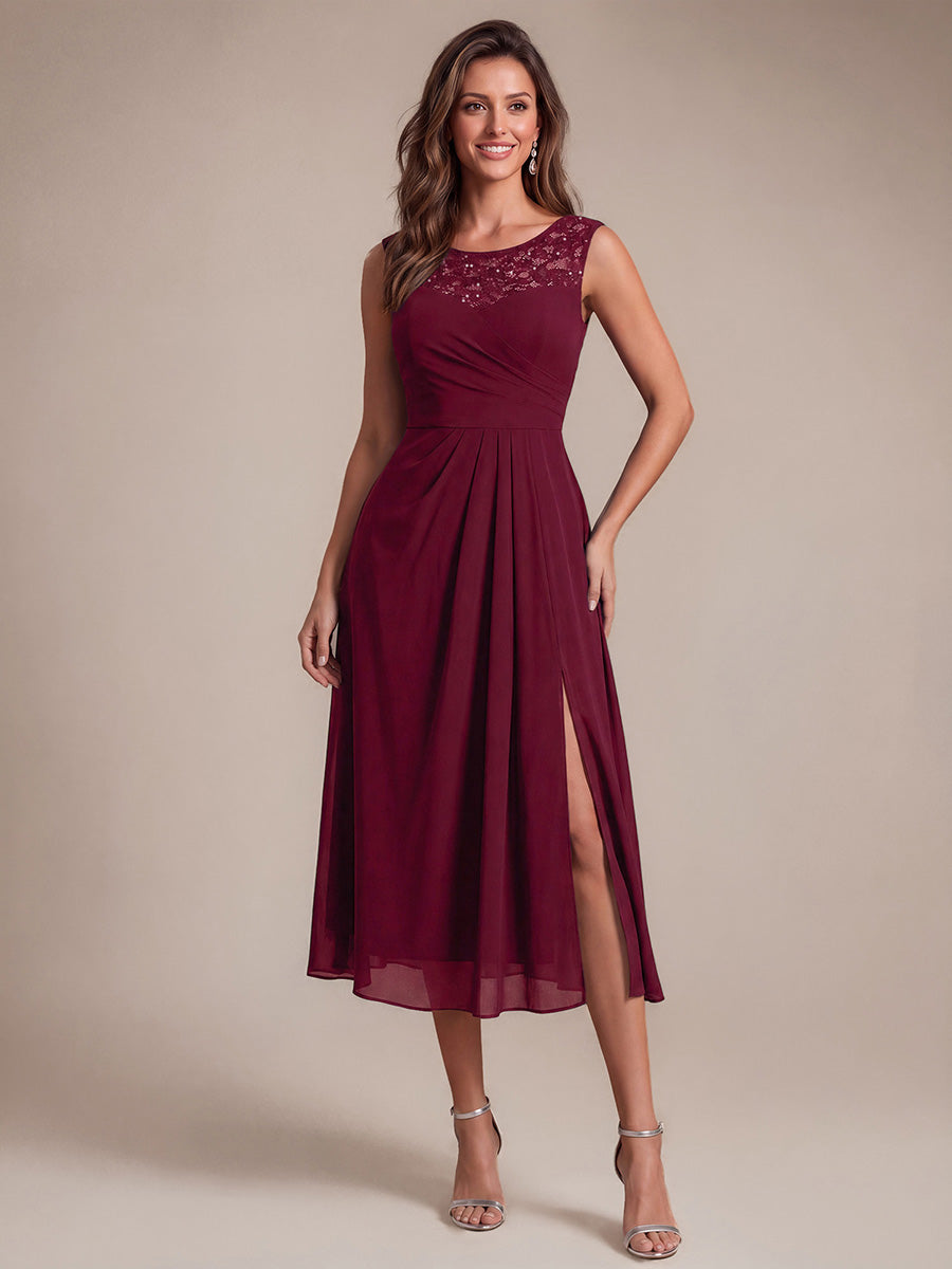 Mousseline avec Coupe trapèze, Sans manches et robe mariage invitée #Couleur_Bordeaux