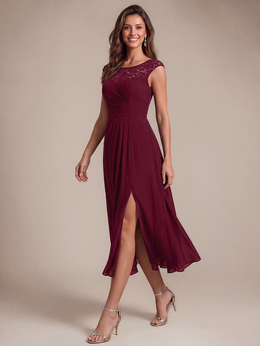 Mousseline avec Coupe trapèze, Sans manches et robe mariage invitée #Couleur_Bordeaux