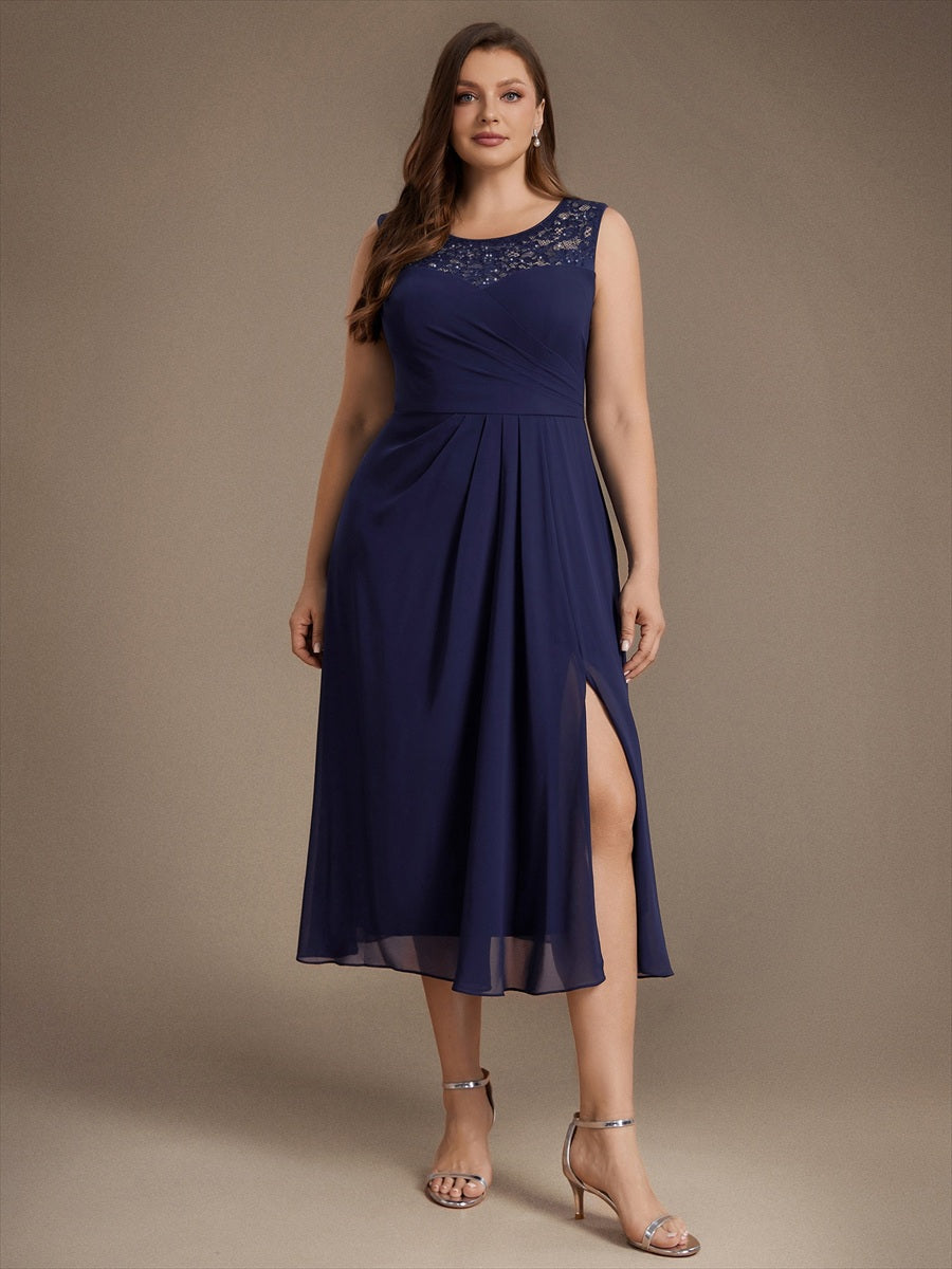 Mousseline avec Coupe trapèze, Sans manches et robe mariage invitée #Couleur_Bleu Marine