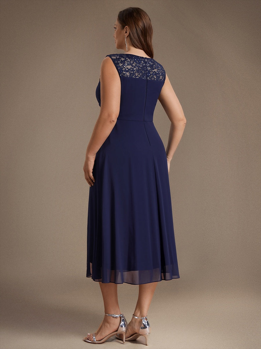 Mousseline avec Coupe trapèze, Sans manches et robe mariage invitée #Couleur_Bleu Marine