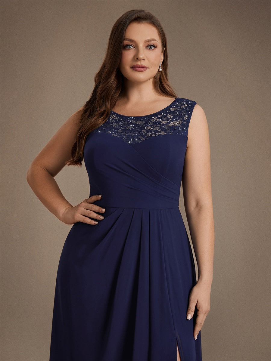 Mousseline avec Coupe trapèze, Sans manches et robe mariage invitée #Couleur_Bleu Marine