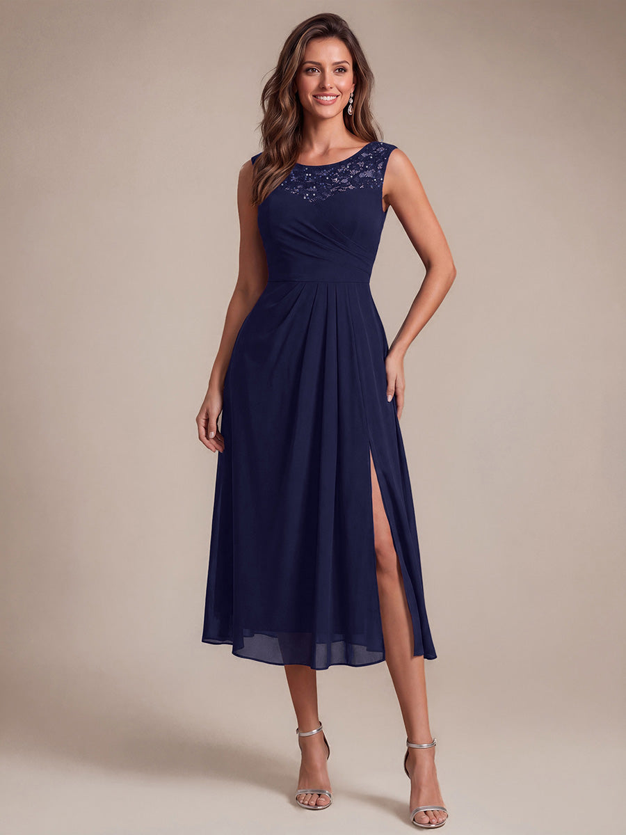 Mousseline avec Coupe trapèze, Sans manches et robe mariage invitée #Couleur_Bleu Marine
