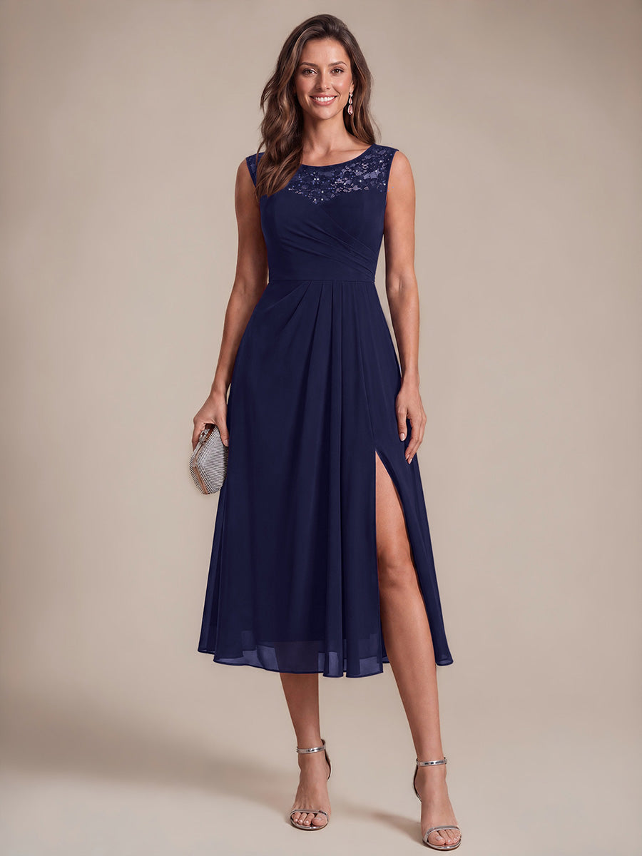 Mousseline avec Coupe trapèze, Sans manches et robe mariage invitée #Couleur_Bleu Marine