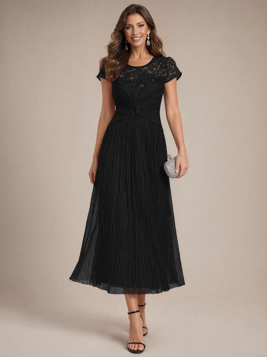 Robe midi à manches courtes col rond avec coupe évasée et tissu extensible #Couleur_Noir