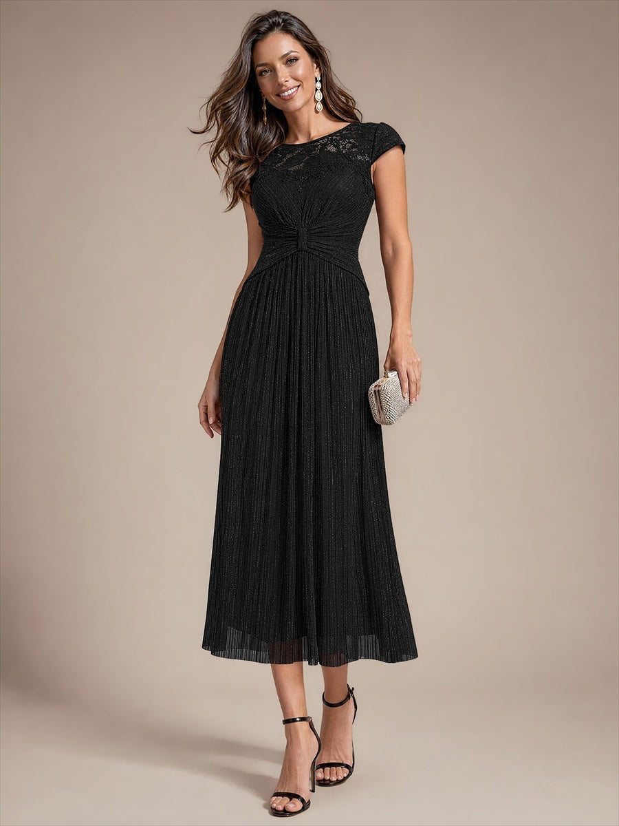Robe midi à manches courtes col rond avec coupe évasée et tissu extensible #Couleur_Noir