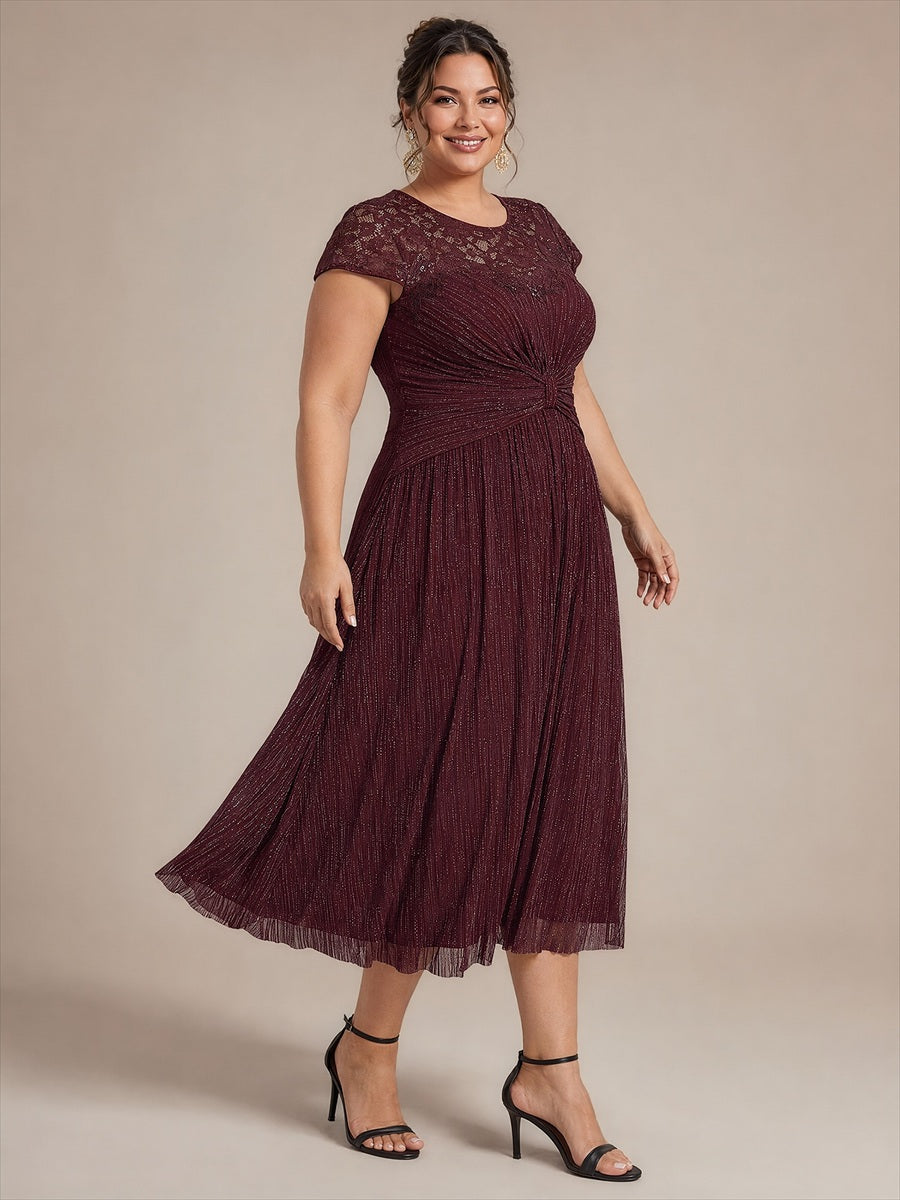 Robe midi à manches courtes col rond avec coupe évasée et tissu extensible #Couleur_Brun acajou