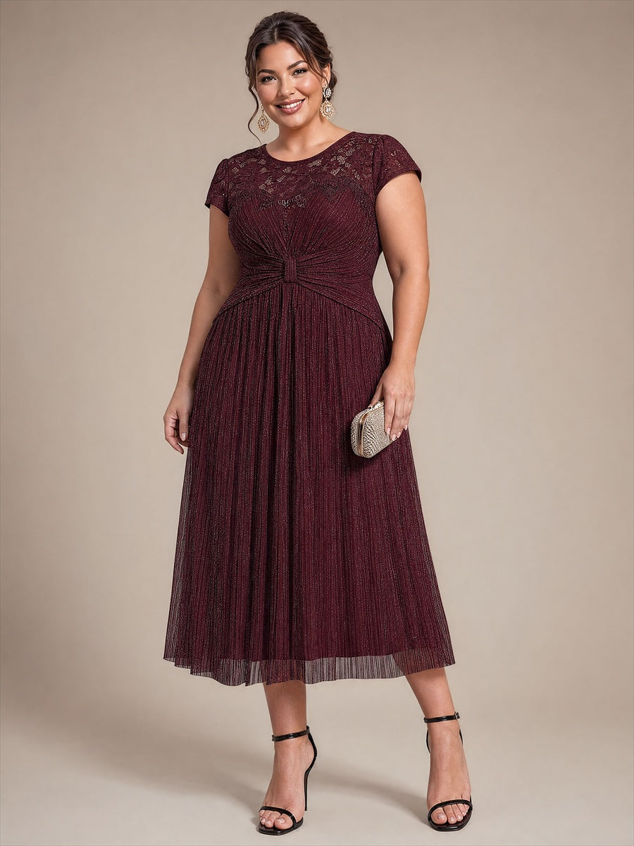 Robe midi à manches courtes col rond avec coupe évasée et tissu extensible #Couleur_Brun acajou