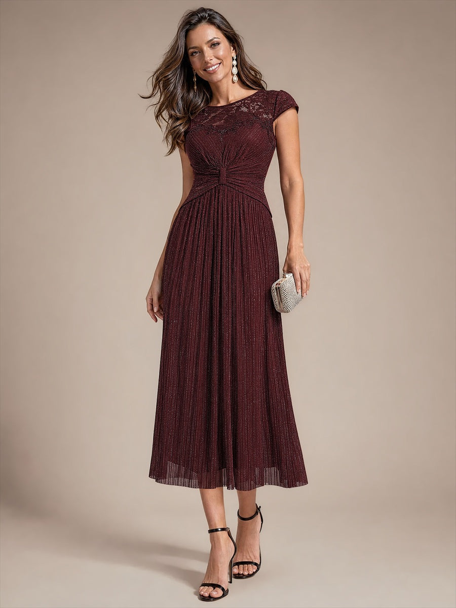 Robe midi à manches courtes col rond avec coupe évasée et tissu extensible #Couleur_Brun acajou