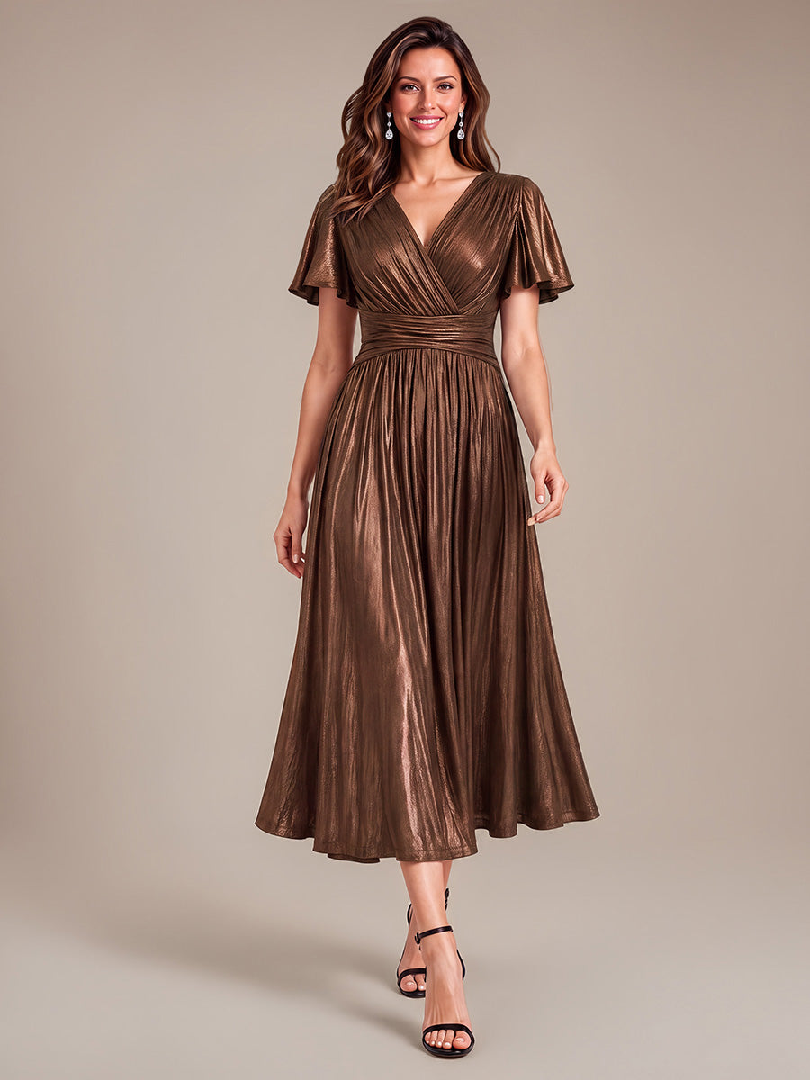 Jersey Col V Manches à Volants Robe Mariage Invitée #Couleur_Marron chocolat
