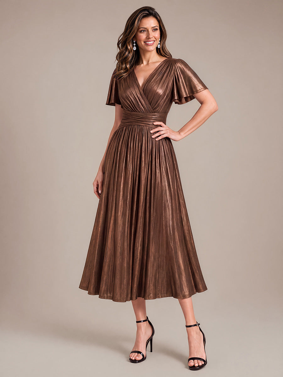 Jersey Col V Manches à Volants Robe Mariage Invitée #Couleur_Marron chocolat