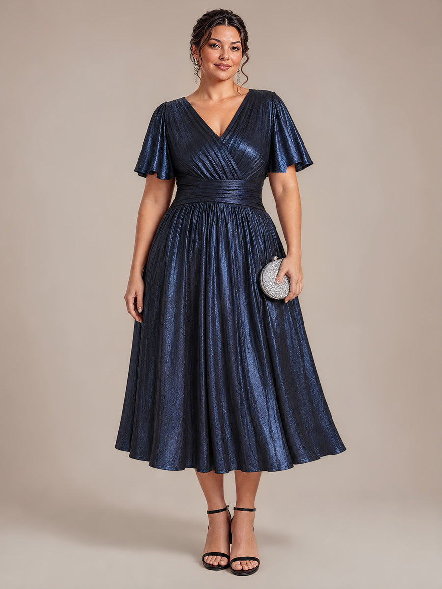Jersey Col V Manches à Volants Robe Mariage Invitée #Couleur_Bleu Marine