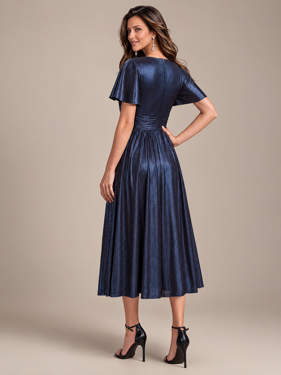 Jersey Col V Manches à Volants Robe Mariage Invitée #Couleur_Bleu Marine