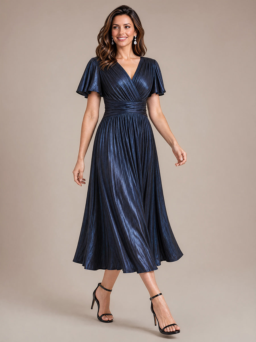 Jersey Col V Manches à Volants Robe Mariage Invitée #Couleur_Bleu Marine