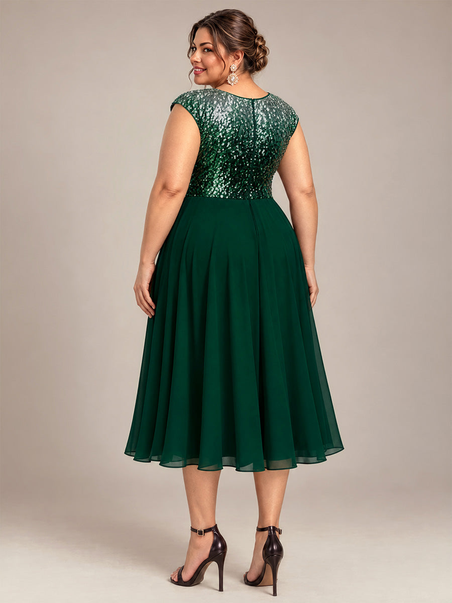 Sequins Coupe Trapèze Manches Courtes type Cap Robe Mariage Invitée #Couleur_Vert argenté