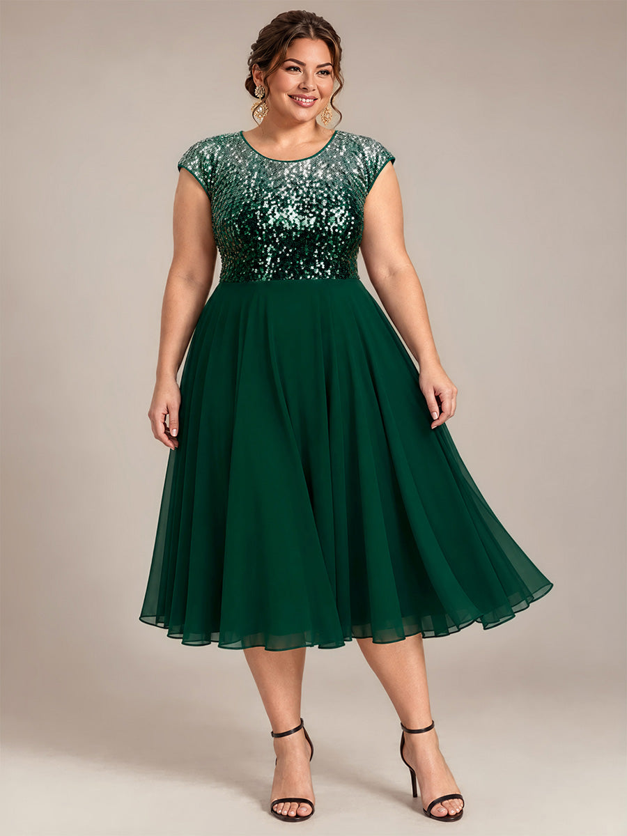Sequins Coupe Trapèze Manches Courtes type Cap Robe Mariage Invitée #Couleur_Vert argenté