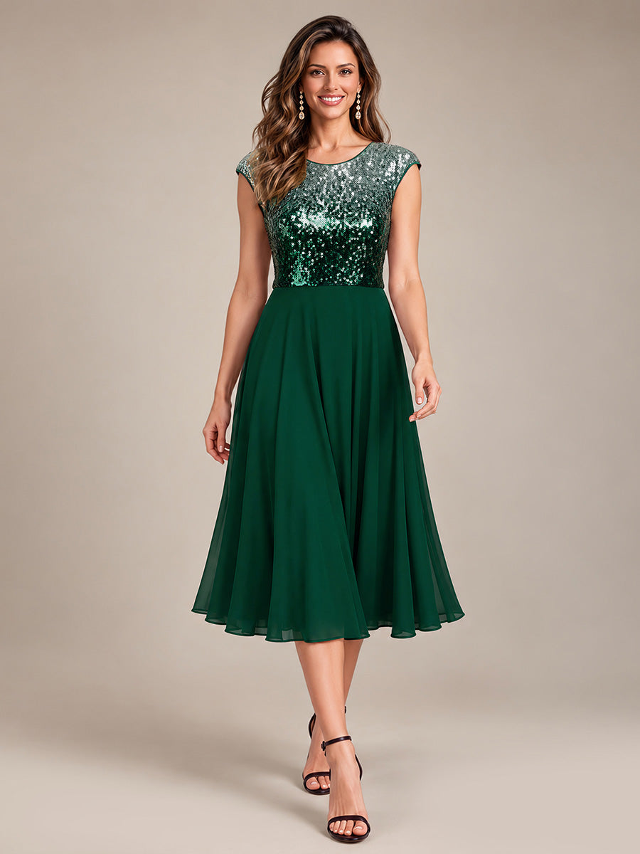 Sequins Coupe Trapèze Manches Courtes type Cap Robe Mariage Invitée #Couleur_Vert argenté