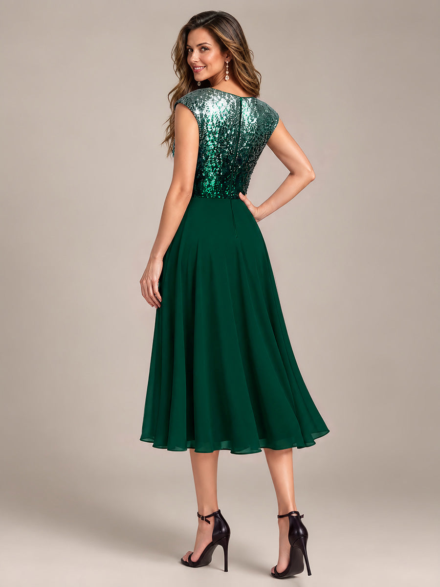 Sequins Coupe Trapèze Manches Courtes type Cap Robe Mariage Invitée #Couleur_Vert argenté
