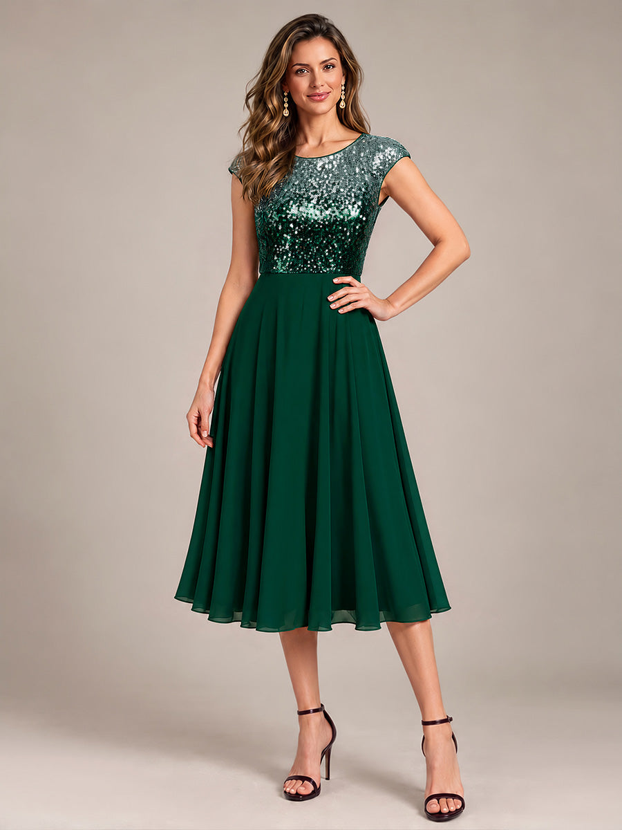 Sequins Coupe Trapèze Manches Courtes type Cap Robe Mariage Invitée #Couleur_Vert argenté