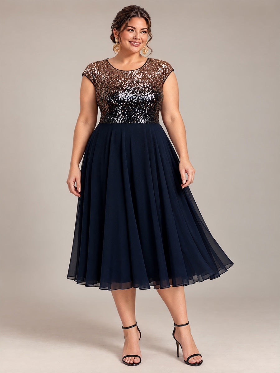 Sequins Coupe Trapèze Manches Courtes type Cap Robe Mariage Invitée #Couleur_Bleu marine champagne