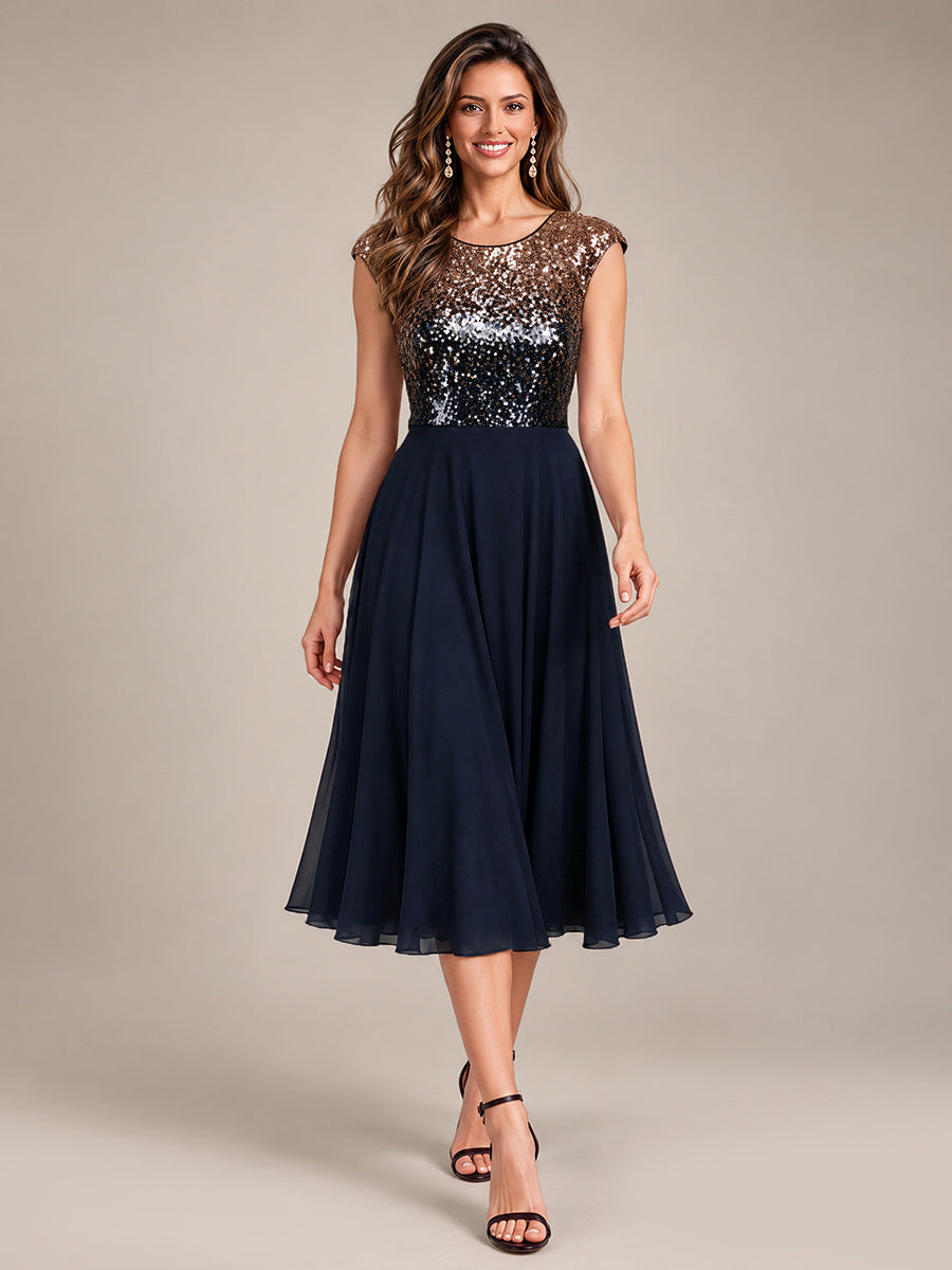 Sequins Coupe Trapèze Manches Courtes type Cap Robe Mariage Invitée #Couleur_Bleu marine champagne