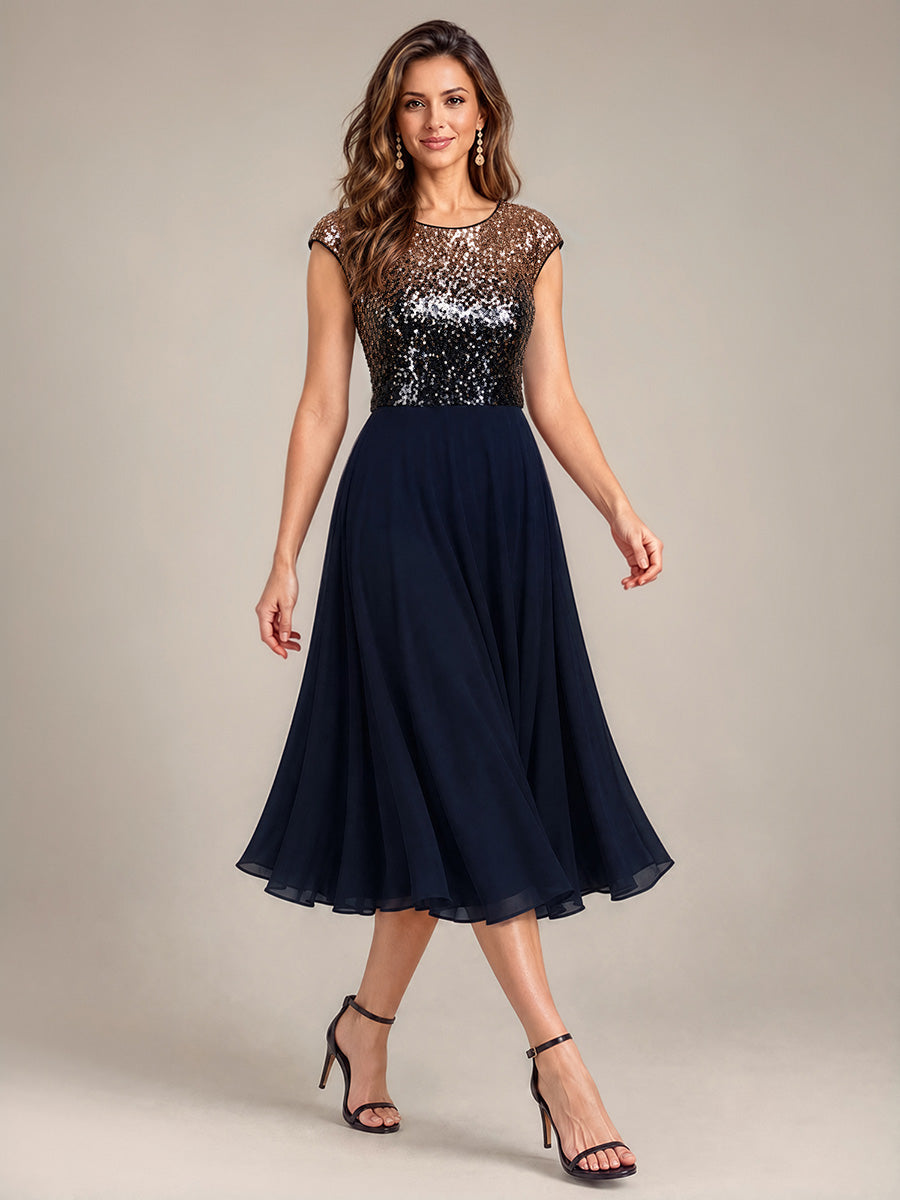 Sequins Coupe Trapèze Manches Courtes type Cap Robe Mariage Invitée #Couleur_Bleu marine champagne