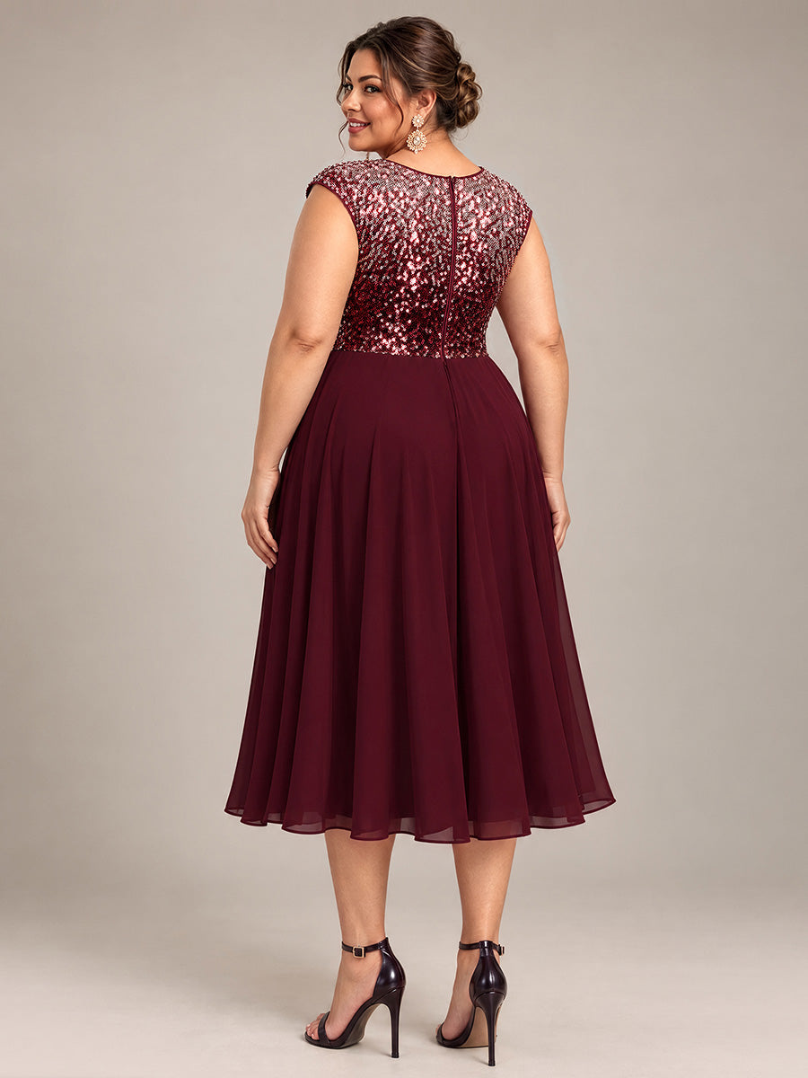 Sequins Coupe Trapèze Manches Courtes type Cap Robe Mariage Invitée #Couleur_Bordeaux et rose