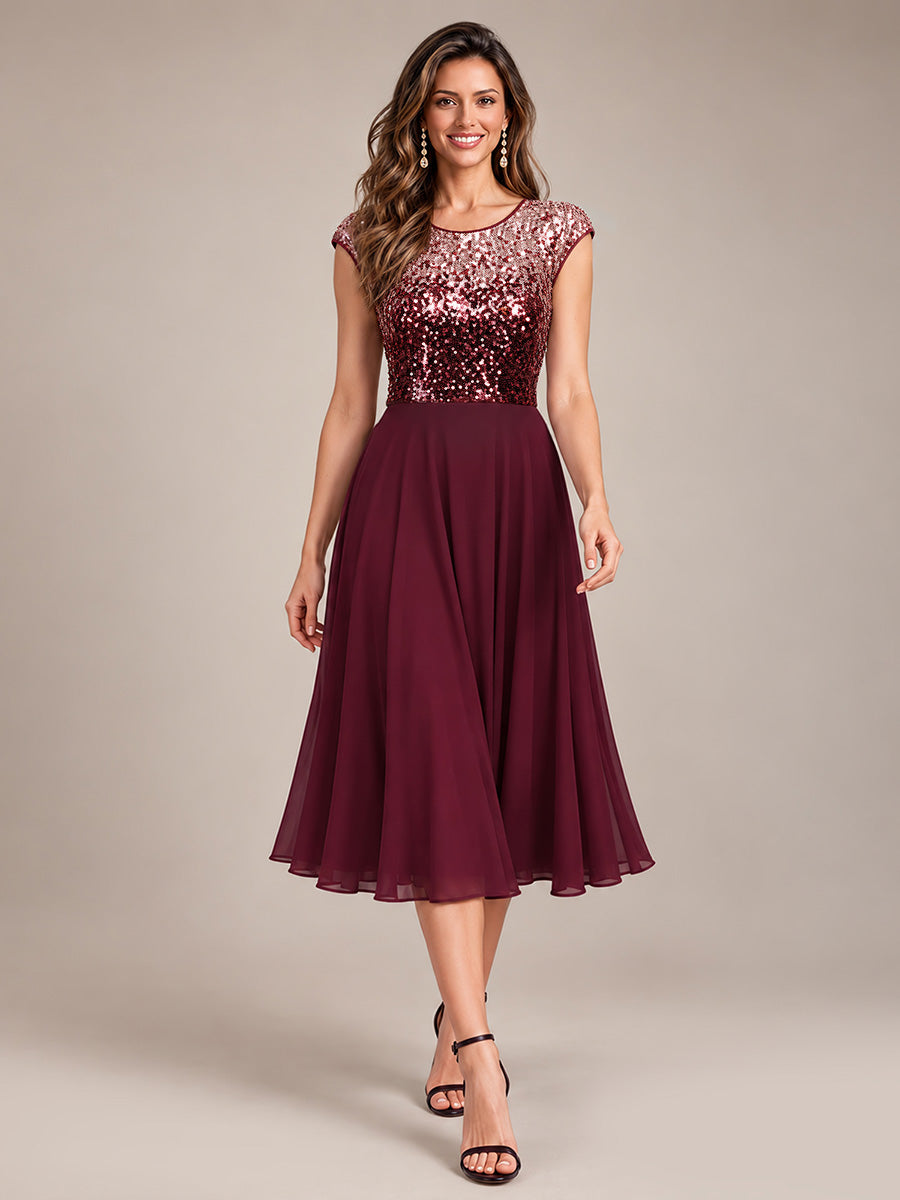 Sequins Coupe Trapèze Manches Courtes type Cap Robe Mariage Invitée #Couleur_Bordeaux et rose