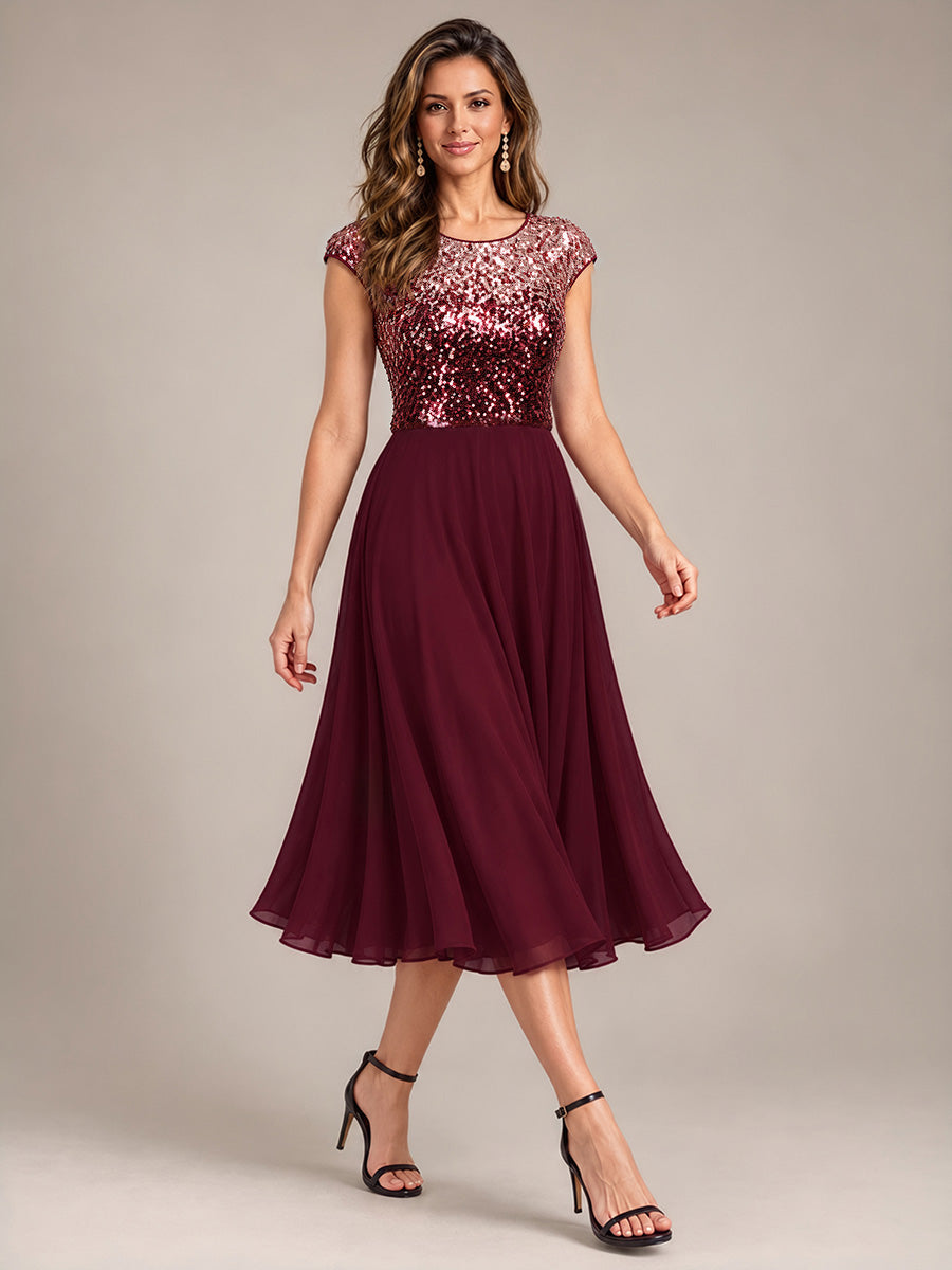 Sequins Coupe Trapèze Manches Courtes type Cap Robe Mariage Invitée #Couleur_Bordeaux et rose
