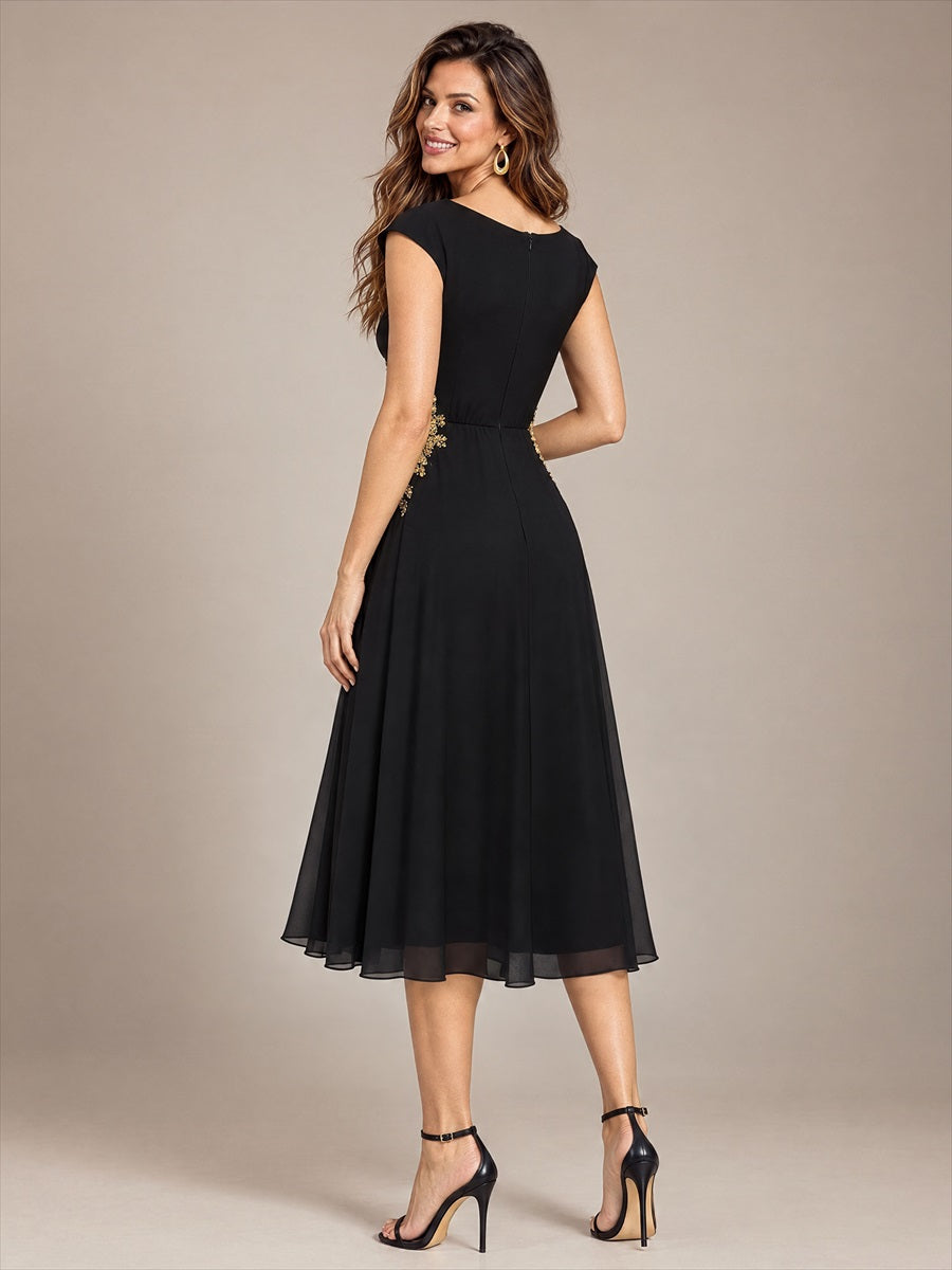 Sequins Mousseline Coupe Trapèze Sans Manches Robe Mariage Invitée #Couleur_Noir