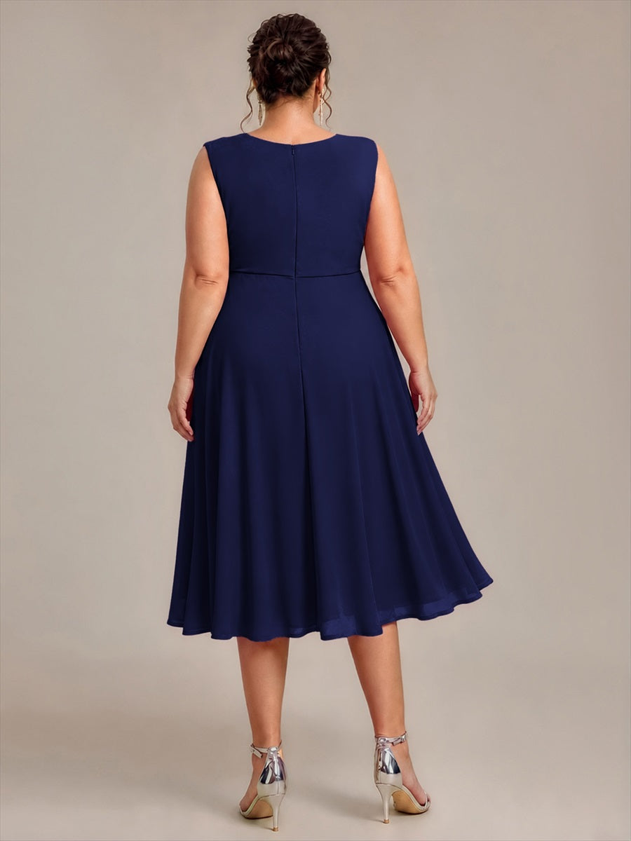 Robe midi sans manches en V avec fermeture éclair au dos coupe A non élastique #Couleur_Bleu Marine