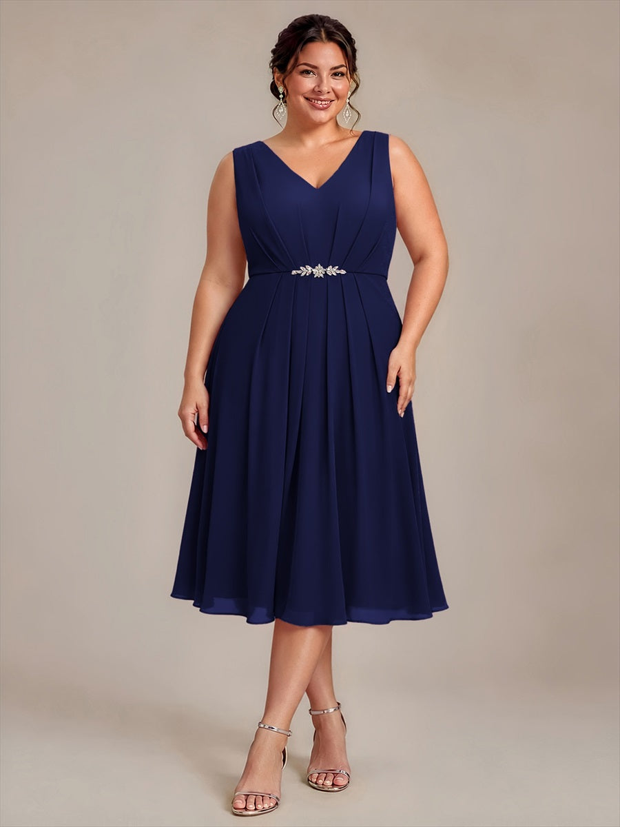 Robe midi sans manches en V avec fermeture éclair au dos coupe A non élastique #Couleur_Bleu Marine
