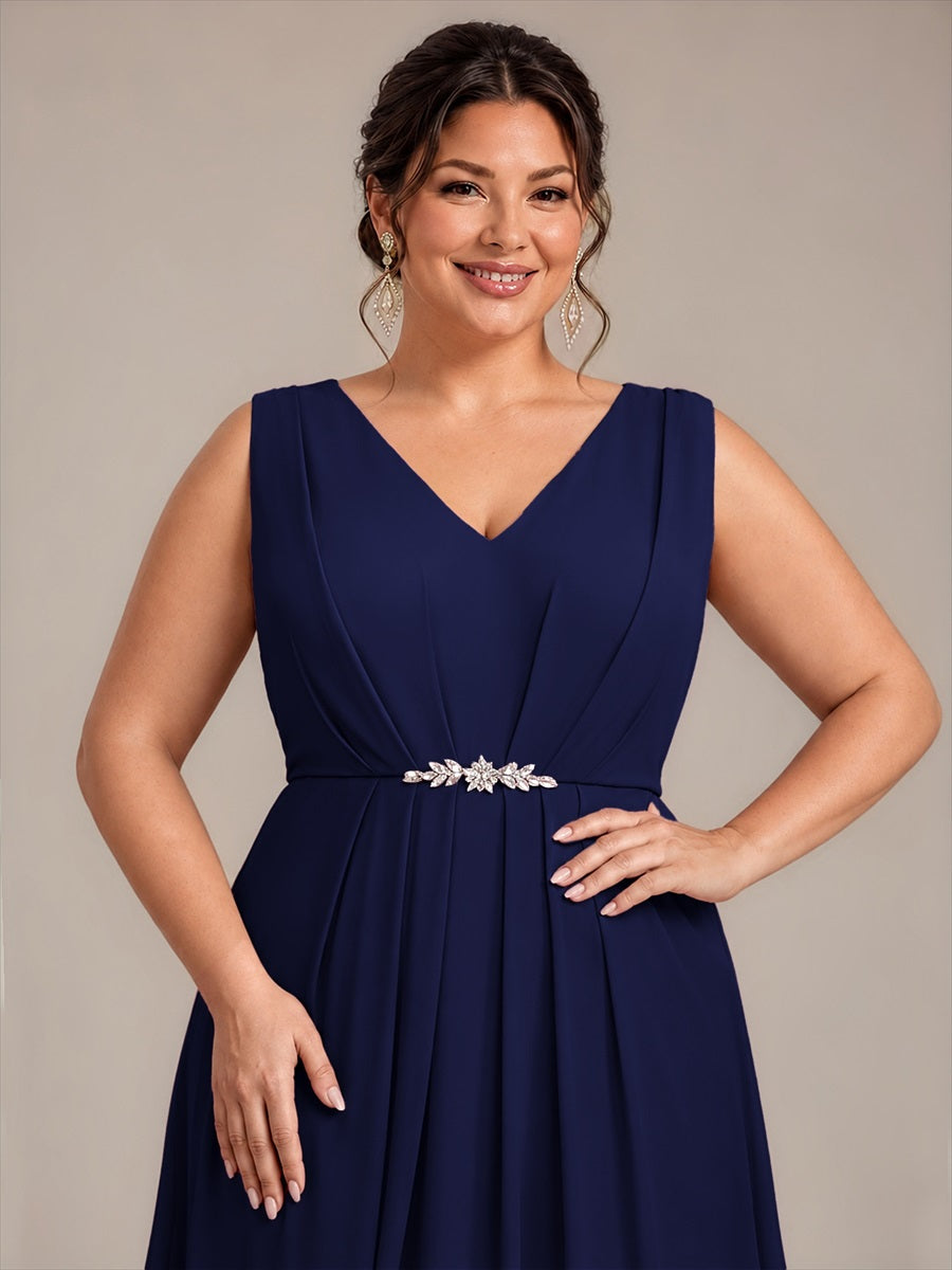 Robe midi sans manches en V avec fermeture éclair au dos coupe A non élastique #Couleur_Bleu Marine