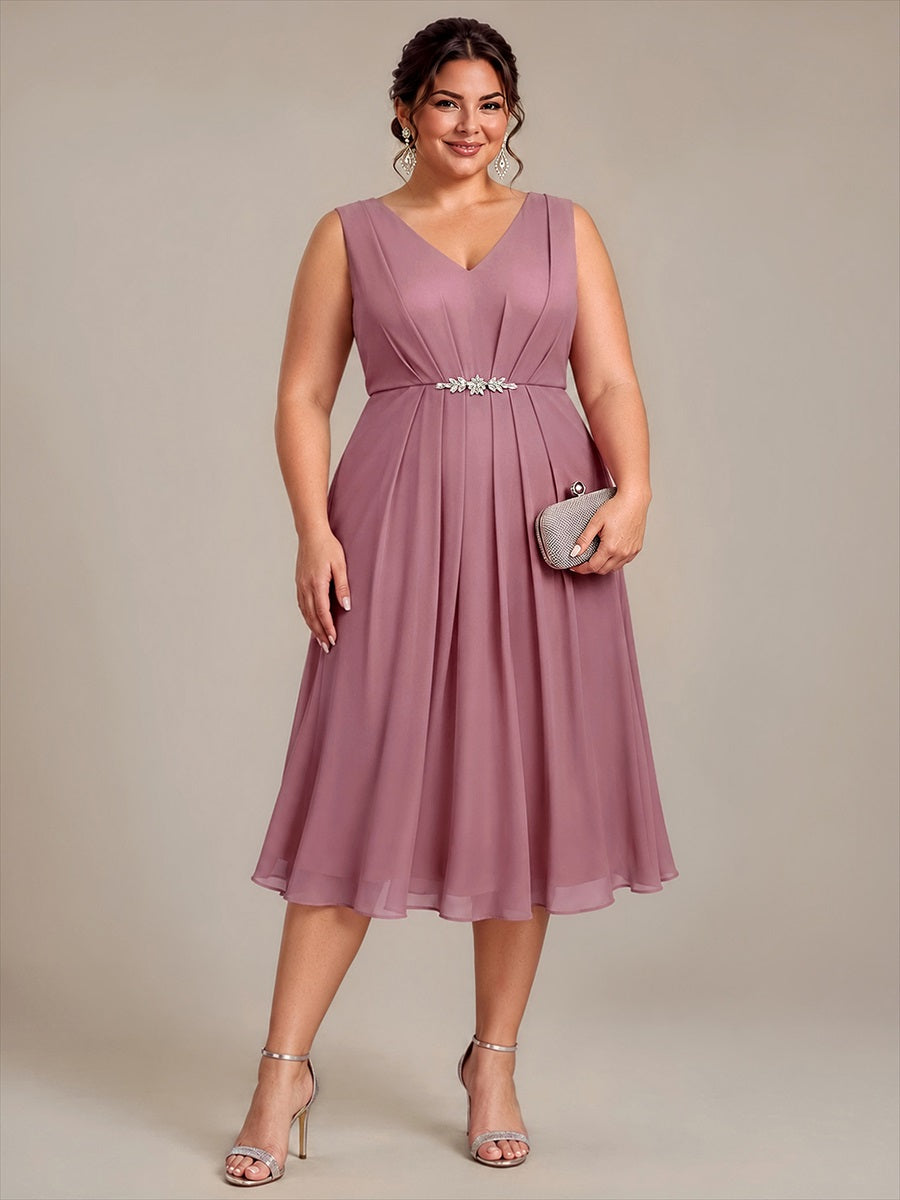 Robe midi sans manches en V avec fermeture éclair au dos coupe A non élastique #Couleur_Orchidee